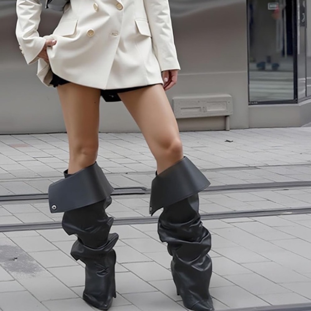 Gray Denim size 6 Slouch Snap Knee High Stiletto Boots Pointed Toe Edgy Boots - Picture 2 of 11